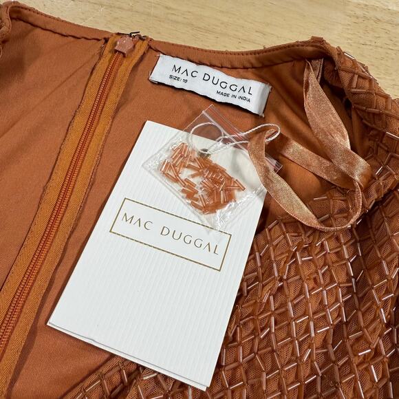 Mac Duggal NWT Copper Beaded Wrap Over Puff Sleeve Dress Rhinestone Waist Sz 10 - Picture 5 of 10